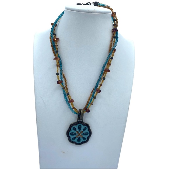 Avon NR multi strand beaded necklace brown blue with enamel flower pendant - Picture 1 of 9